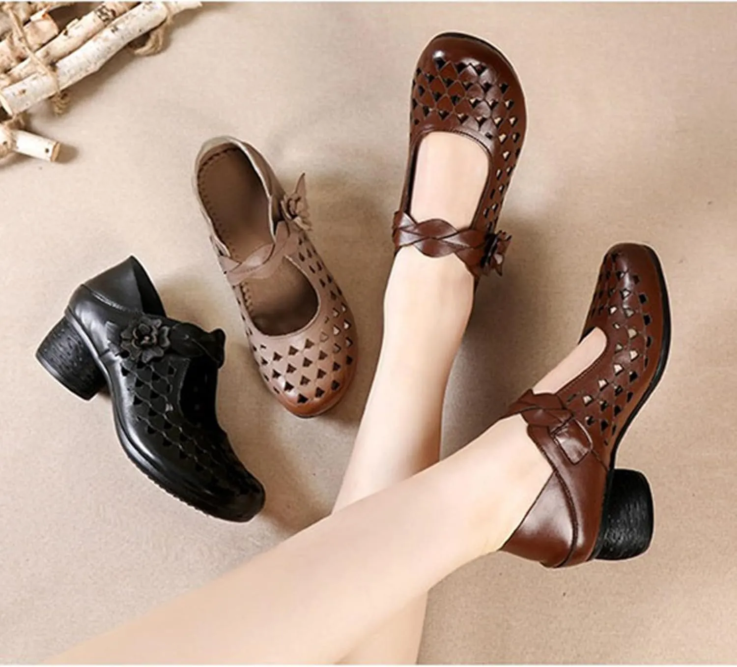 Women's Leather Hollow Chunky Heel Mary Janes Casual Round Toe Hook and Loop Soft Non-Slip Dress Pumps Comfort Flower Evening Dating Sandals
