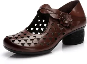 Women's Leather Hollow Chunky Heel Mary Janes Casual Round Toe Hook and Loop Soft Non-Slip Dress Pumps Comfort Flower Evening Dating Sandals