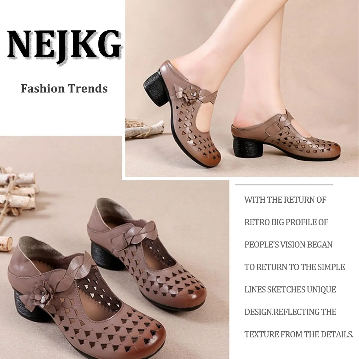 Women's Leather Hollow Chunky Heel Mary Janes Casual Round Toe Hook and Loop Soft Non-Slip Dress Pumps Comfort Flower Evening Dating Sandals