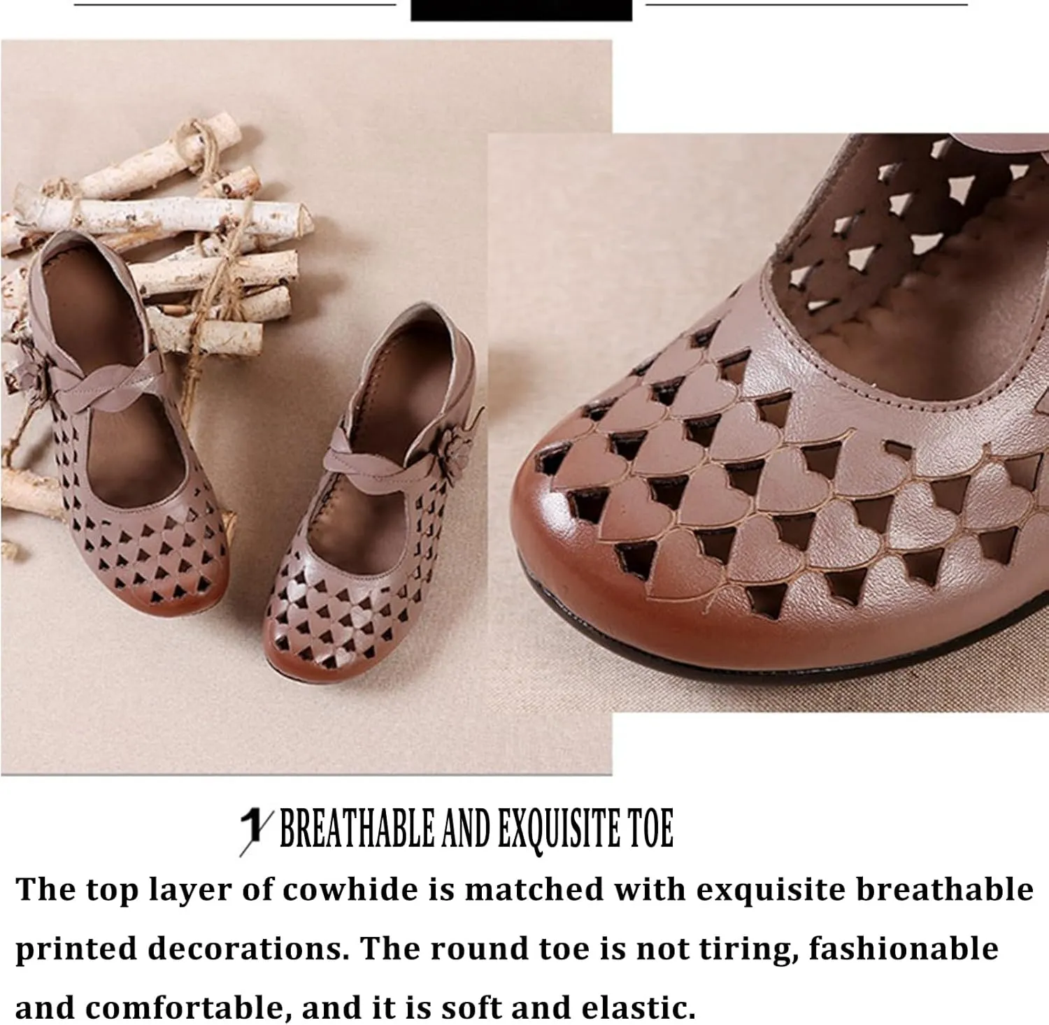 Women's Leather Hollow Chunky Heel Mary Janes Casual Round Toe Hook and Loop Soft Non-Slip Dress Pumps Comfort Flower Evening Dating Sandals