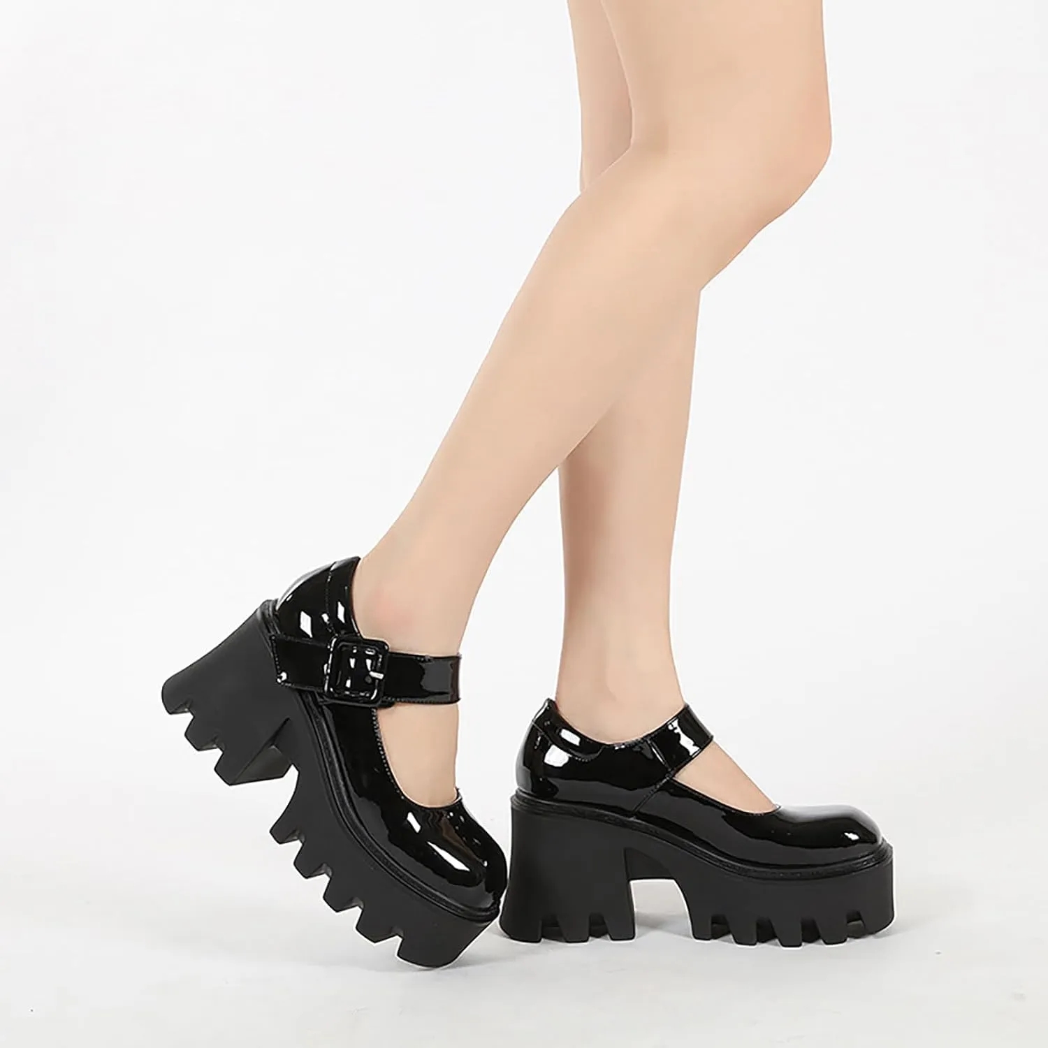 Women's Leather Square Buckle Platform Chunky Heel Mary Janes Adjustable Strap Fashion Closed Round Toe Chunky High Heels Oxford Shoe Leisure Office Party Dress Pumps