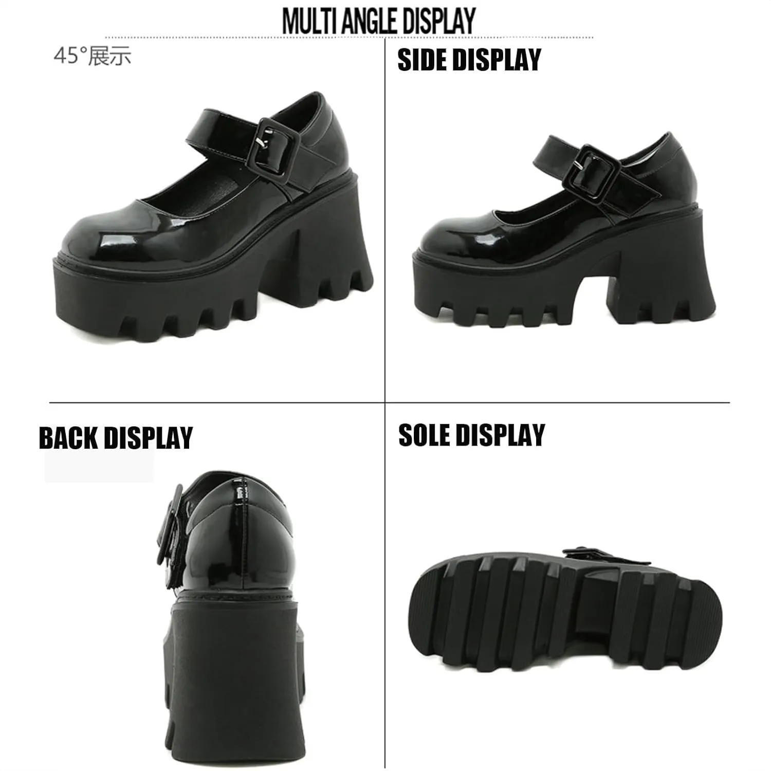 Women's Leather Square Buckle Platform Chunky Heel Mary Janes Adjustable Strap Fashion Closed Round Toe Chunky High Heels Oxford Shoe Leisure Office Party Dress Pumps