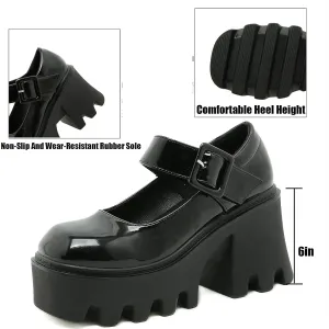 Women's Leather Square Buckle Platform Chunky Heel Mary Janes Adjustable Strap Fashion Closed Round Toe Chunky High Heels Oxford Shoe Leisure Office Party Dress Pumps
