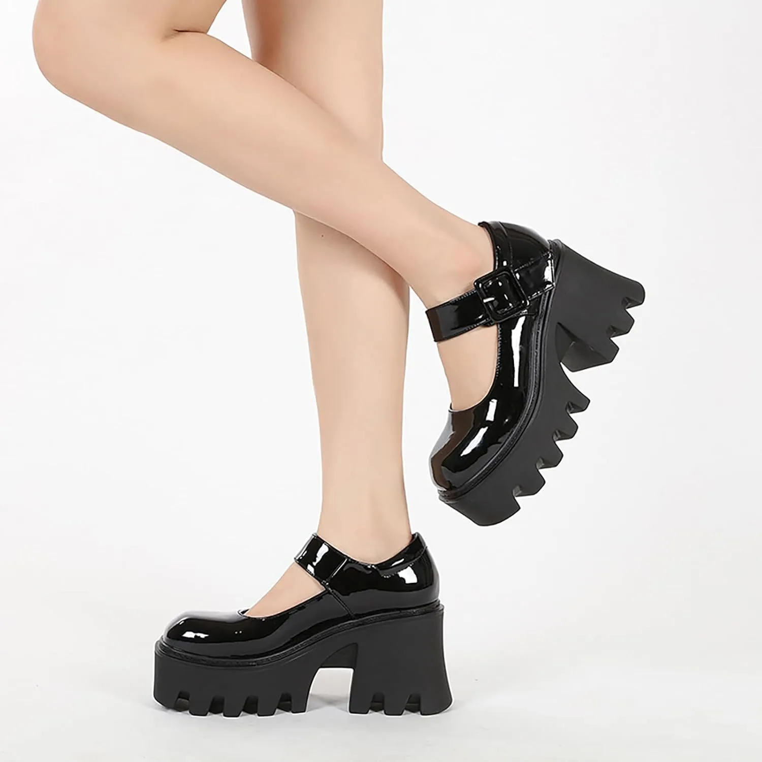 Women's Leather Square Buckle Platform Chunky Heel Mary Janes Adjustable Strap Fashion Closed Round Toe Chunky High Heels Oxford Shoe Leisure Office Party Dress Pumps