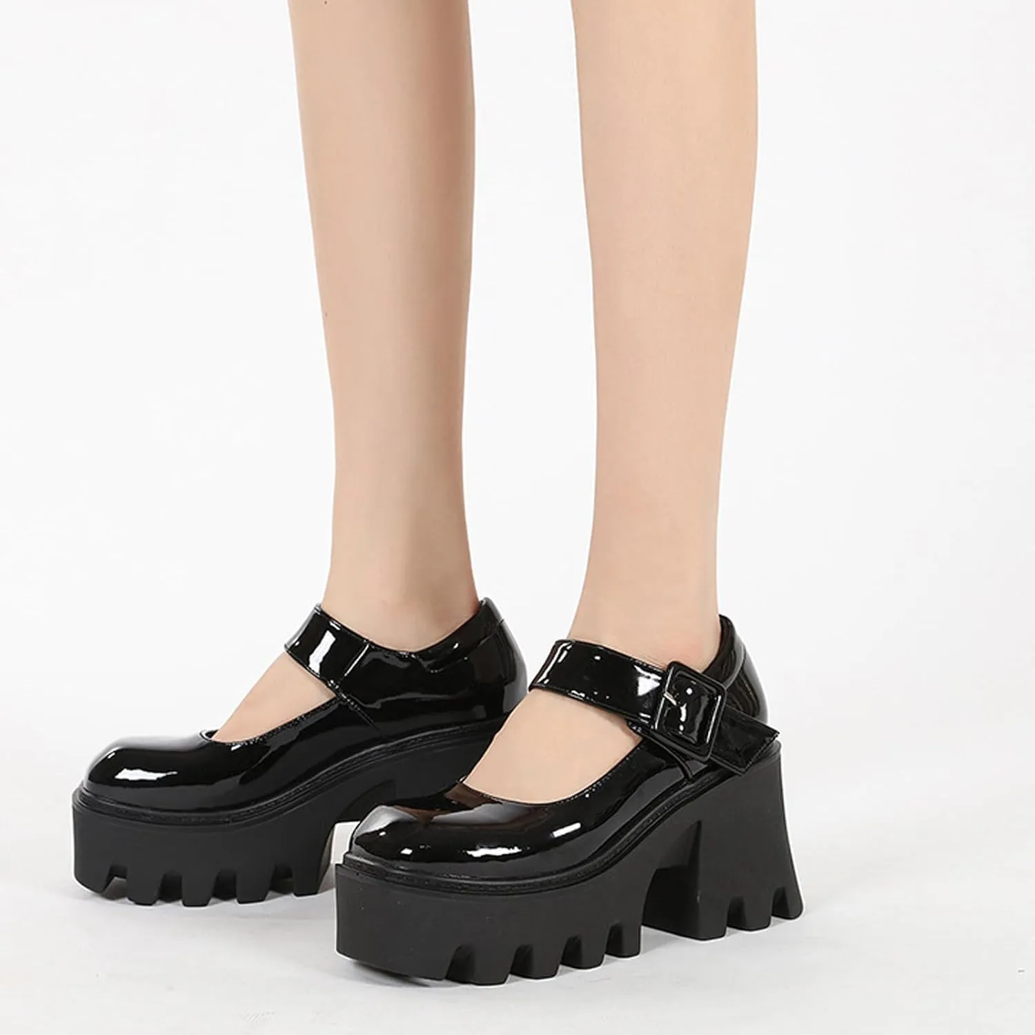 Women's Leather Square Buckle Platform Chunky Heel Mary Janes Adjustable Strap Fashion Closed Round Toe Chunky High Heels Oxford Shoe Leisure Office Party Dress Pumps