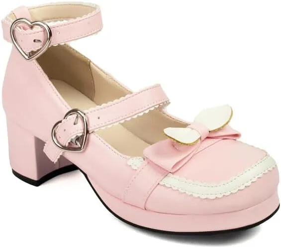 Women's Mary Jane Bow Chunky Heel Platform Pumps High Heels Lolita Shoes