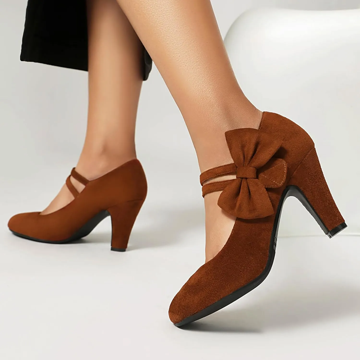 Women's Mary Jane Close Round Toe Vintage 1950s Gatsby Heels Bow Double Straps Retro 1920s Victorian Pumps 1930s Shoes