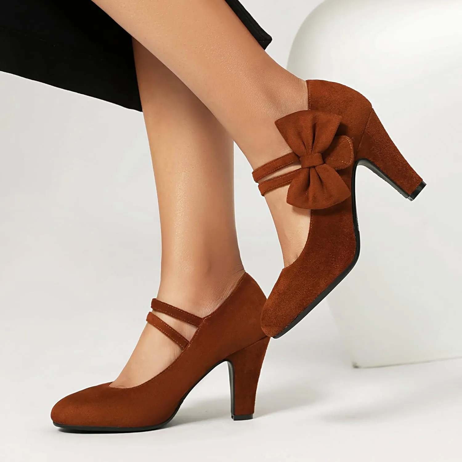 Women's Mary Jane Close Round Toe Vintage 1950s Gatsby Heels Bow Double Straps Retro 1920s Victorian Pumps 1930s Shoes