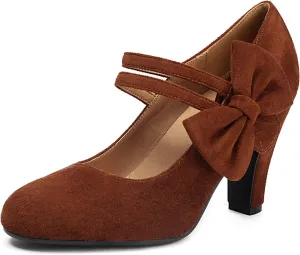 Women's Mary Jane Close Round Toe Vintage 1950s Gatsby Heels Bow Double Straps Retro 1920s Victorian Pumps 1930s Shoes