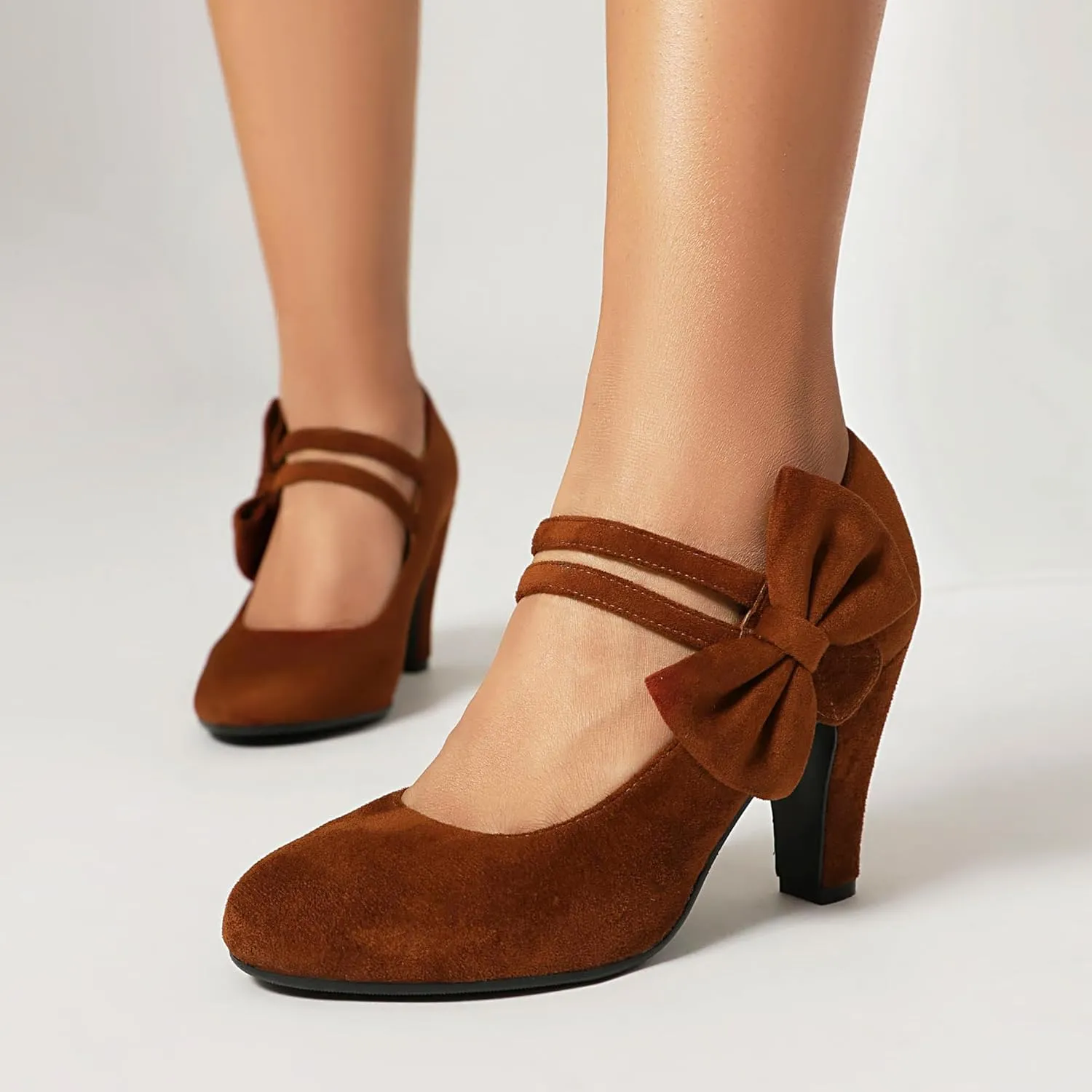 Women's Mary Jane Close Round Toe Vintage 1950s Gatsby Heels Bow Double Straps Retro 1920s Victorian Pumps 1930s Shoes