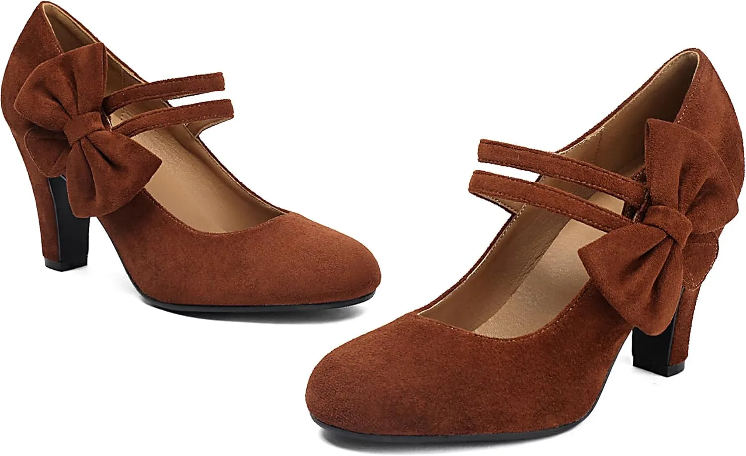 Women's Mary Jane Close Round Toe Vintage 1950s Gatsby Heels Bow Double Straps Retro 1920s Victorian Pumps 1930s Shoes
