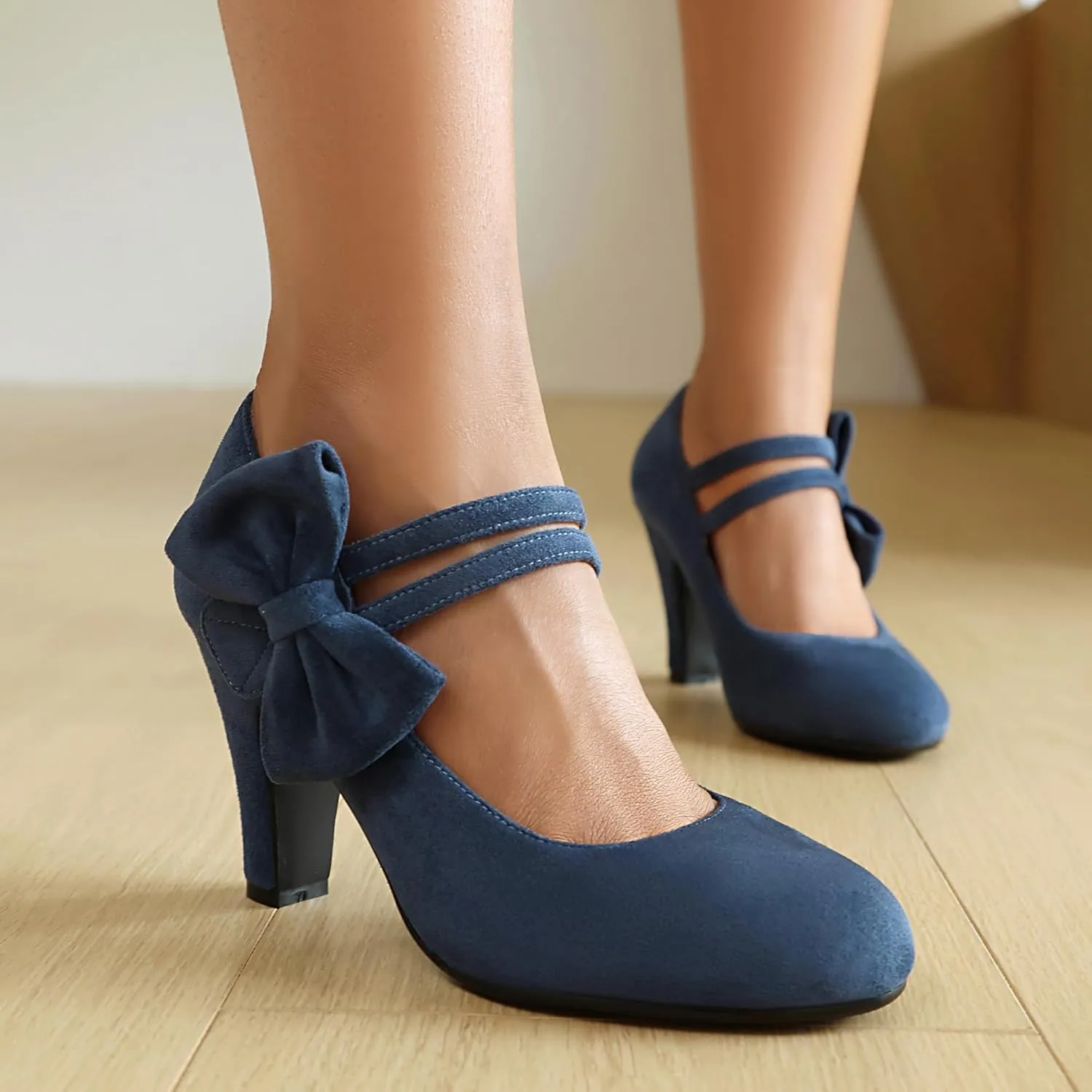 Women's Mary Jane Close Round Toe Vintage 1950s Heels Bow Double Straps Retro 1920s Victorian Pumps 1930s Shoes
