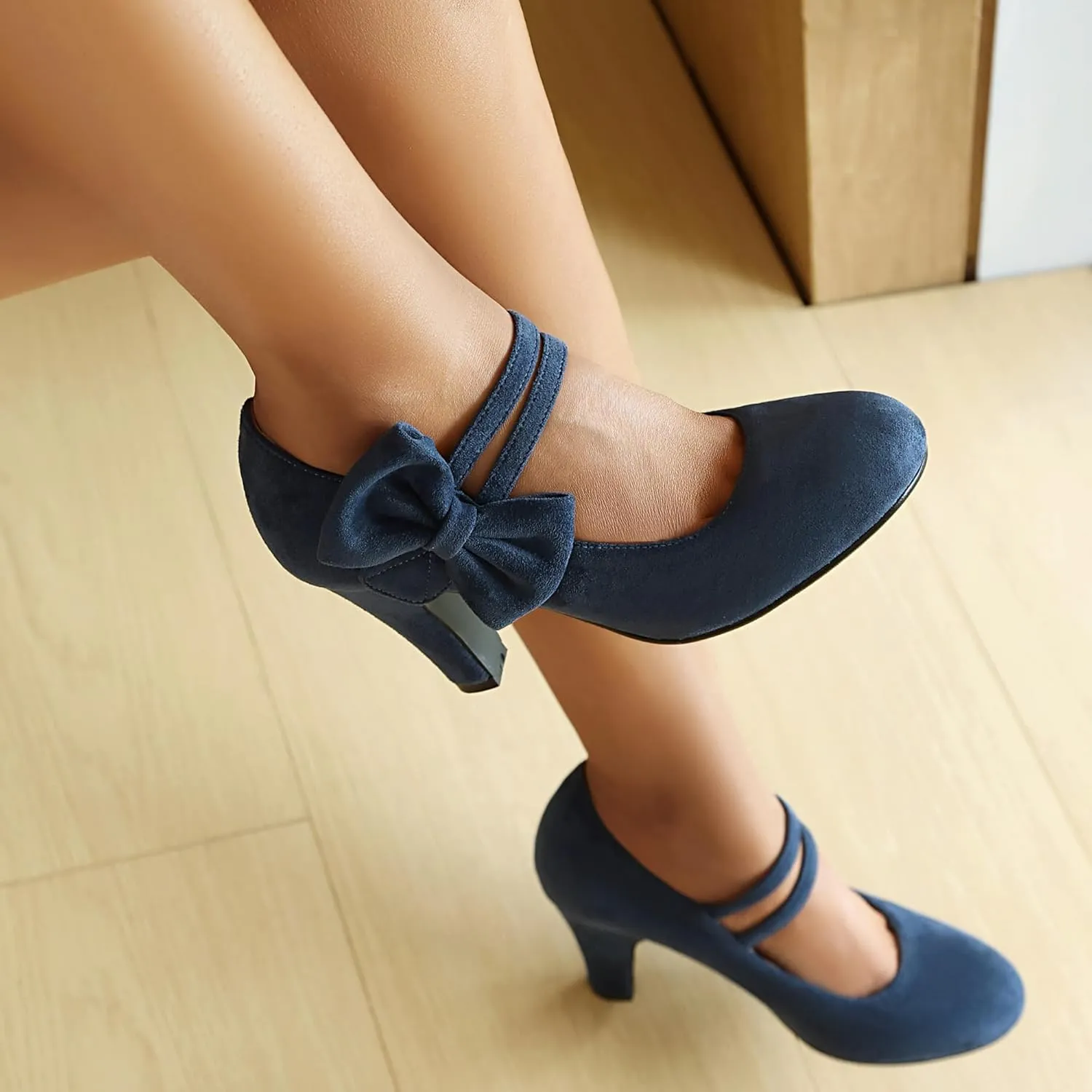 Women's Mary Jane Close Round Toe Vintage 1950s Heels Bow Double Straps Retro 1920s Victorian Pumps 1930s Shoes