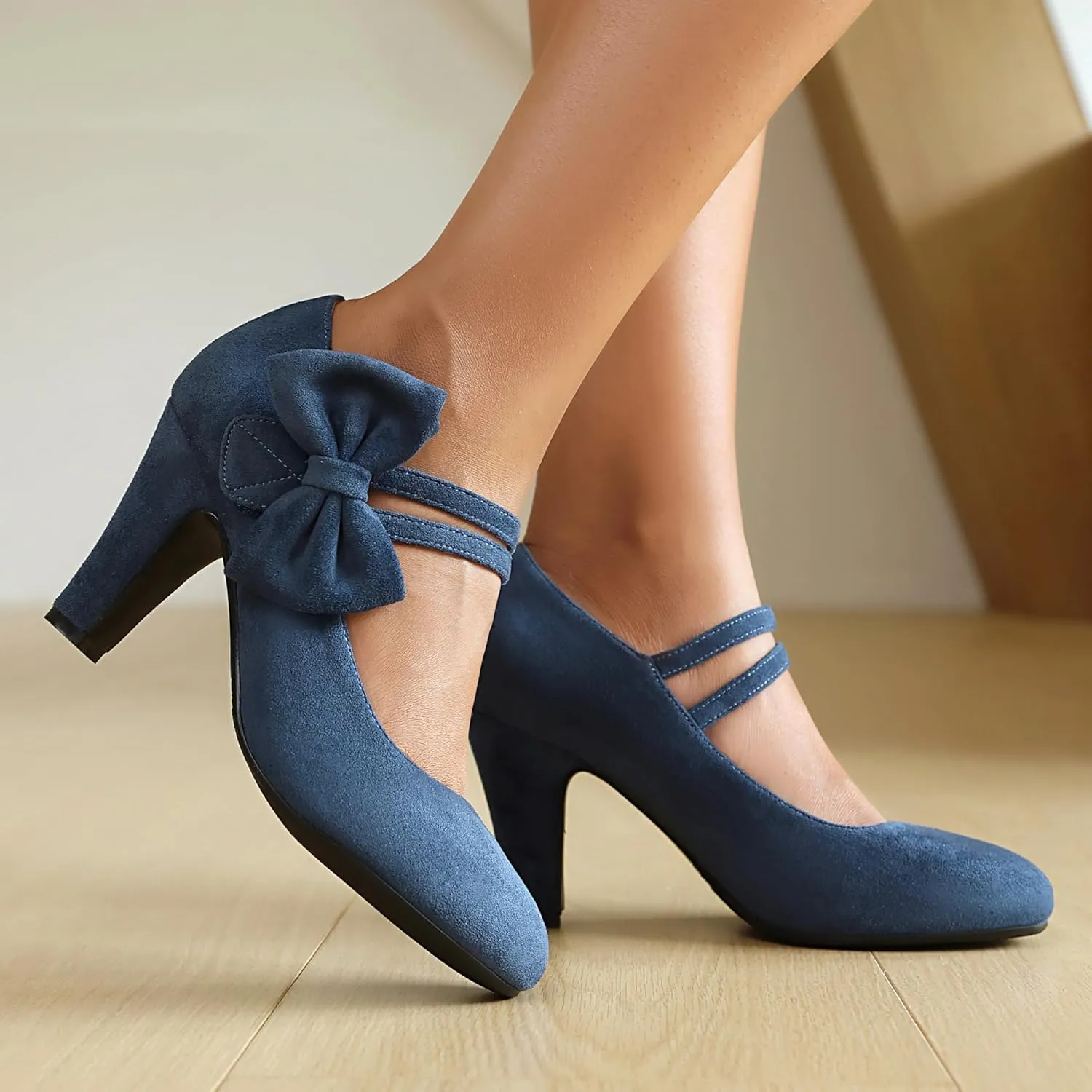 Women's Mary Jane Close Round Toe Vintage 1950s Heels Bow Double Straps Retro 1920s Victorian Pumps 1930s Shoes