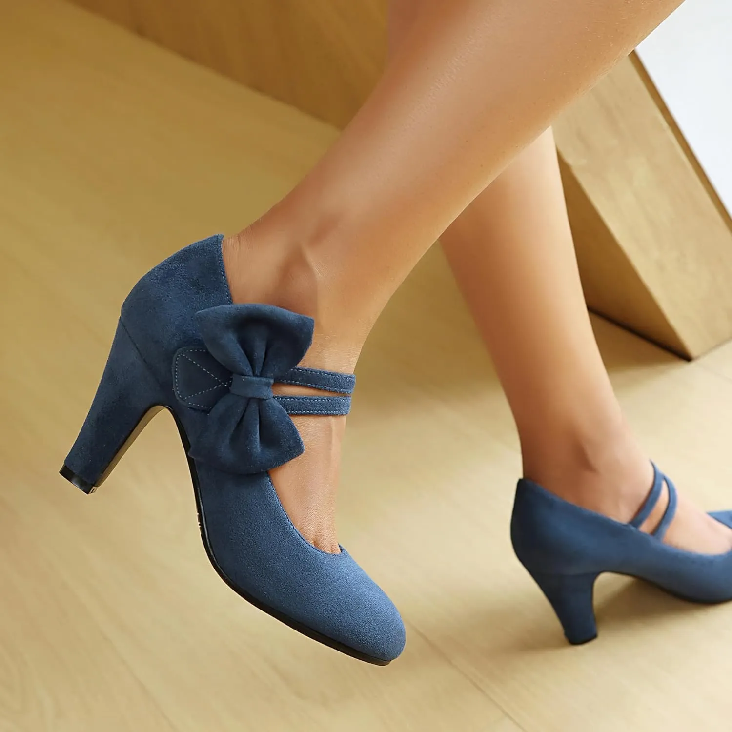 Women's Mary Jane Close Round Toe Vintage 1950s Heels Bow Double Straps Retro 1920s Victorian Pumps 1930s Shoes