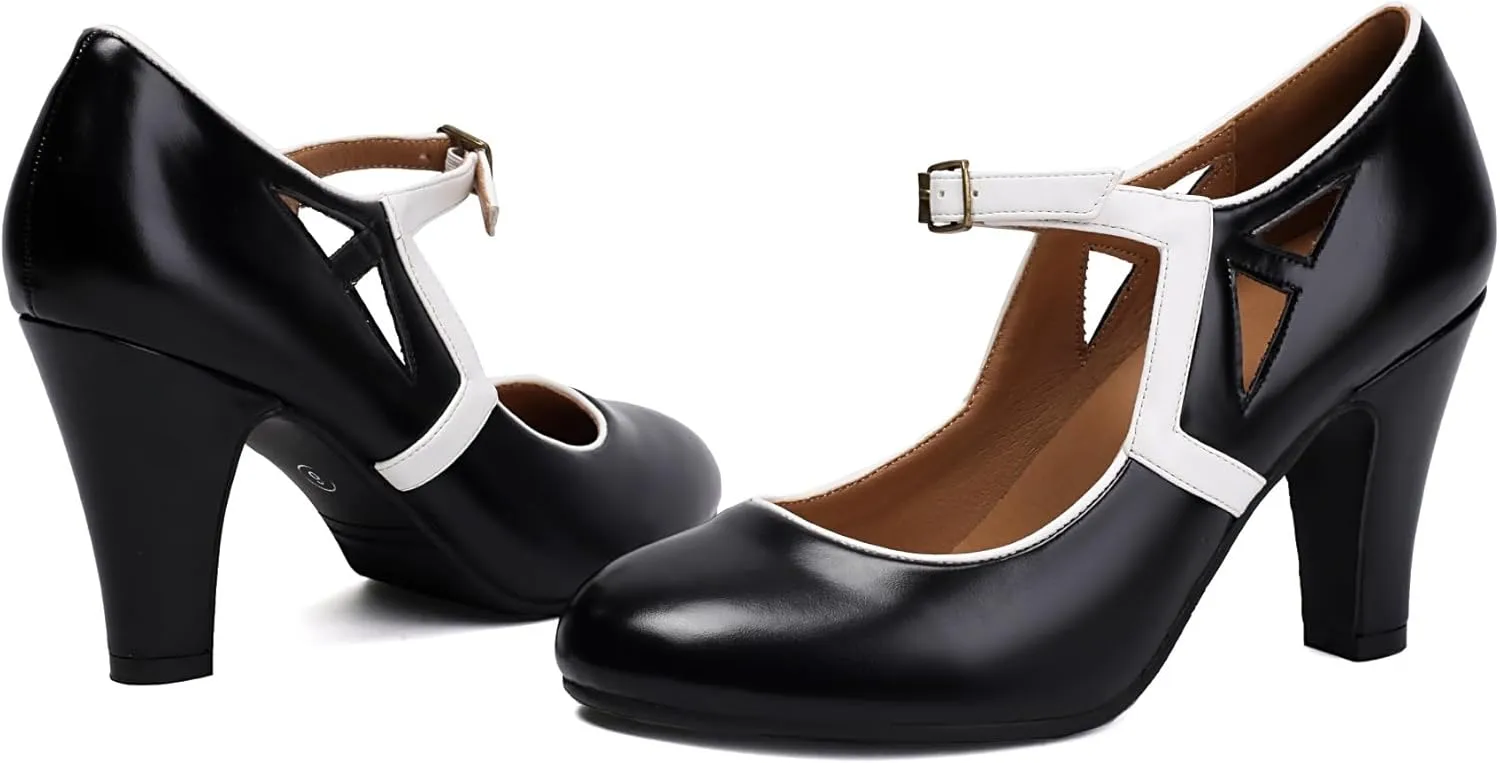 Women's Mary Jane Vintage Close Round Toe Vintage 1950s Heels Retro 1920s Victorian Pumps Anckle Straps 1930s Shoes