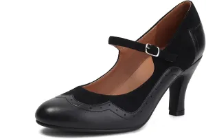 Women's Mary Jane Wingtip Rockability Close Round Toe Vintage 1950s Heels Oxford 1930s Ankle Straps Retro 1920s Victorian Pumps Shoes (Black US7)