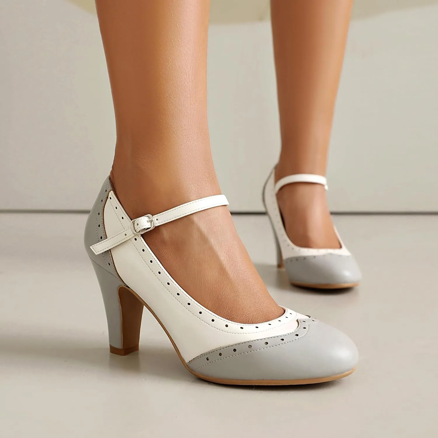Women's Mary Jane Wingtip Rockability Oxford Two Tones Close Round Toe Vintage 1950s Heels Ankle Straps Retro 1920s Victorian Pumps Shoes