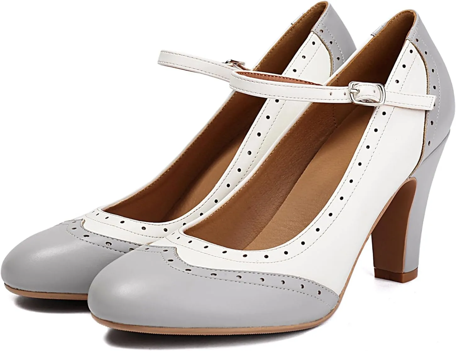 Women's Mary Jane Wingtip Rockability Oxford Two Tones Close Round Toe Vintage 1950s Heels Ankle Straps Retro 1920s Victorian Pumps Shoes