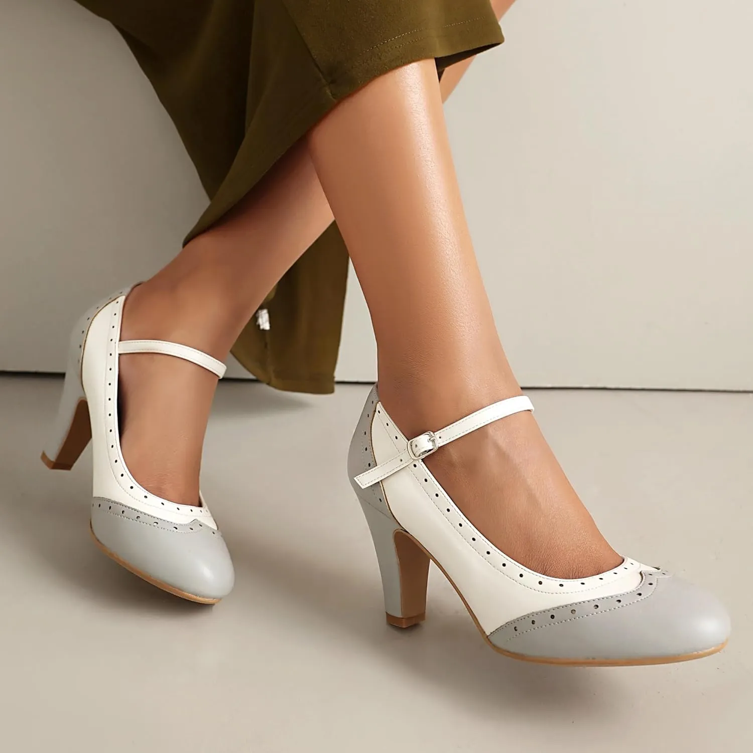 Women's Mary Jane Wingtip Rockability Oxford Two Tones Close Round Toe Vintage 1950s Heels Ankle Straps Retro 1920s Victorian Pumps Shoes