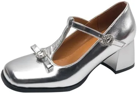 Women's Patent Leather Square Toe Chunky Heel T Strap Mary Jane Pumps