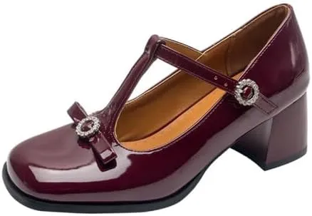 Women's Patent Leather Square Toe Chunky Heel T Strap Mary Jane Pumps