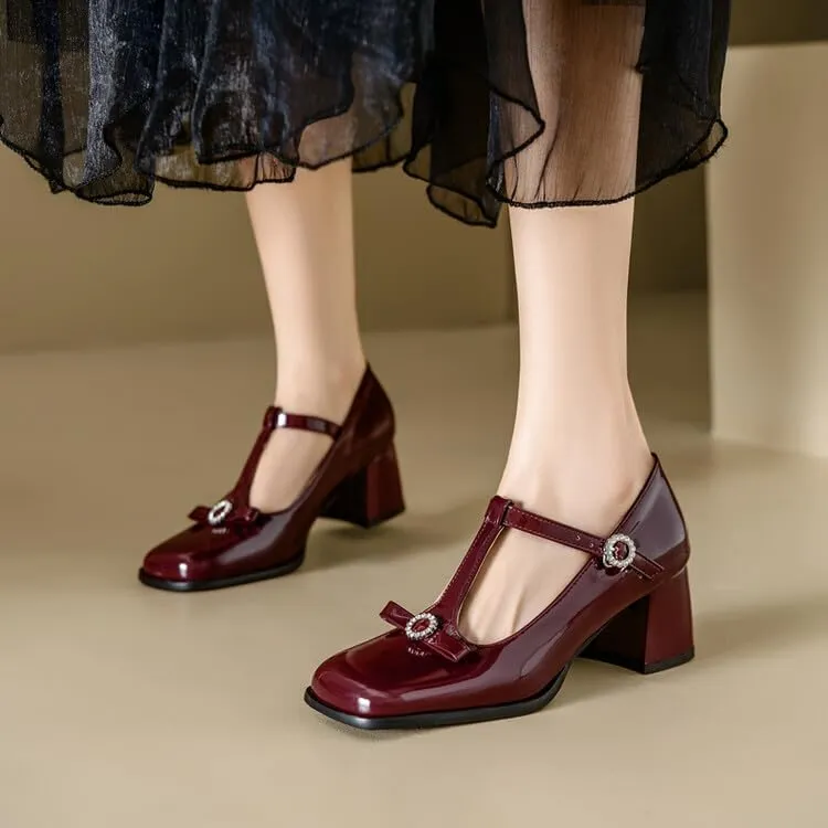 Women's Patent Leather Square Toe Chunky Heel T Strap Mary Jane Pumps