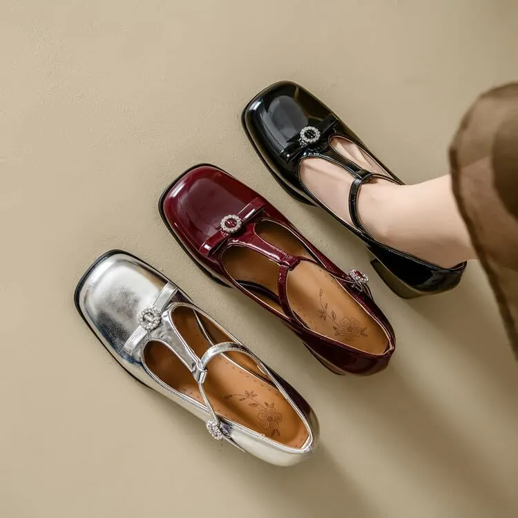 Women's Patent Leather Square Toe Chunky Heel T Strap Mary Jane Pumps