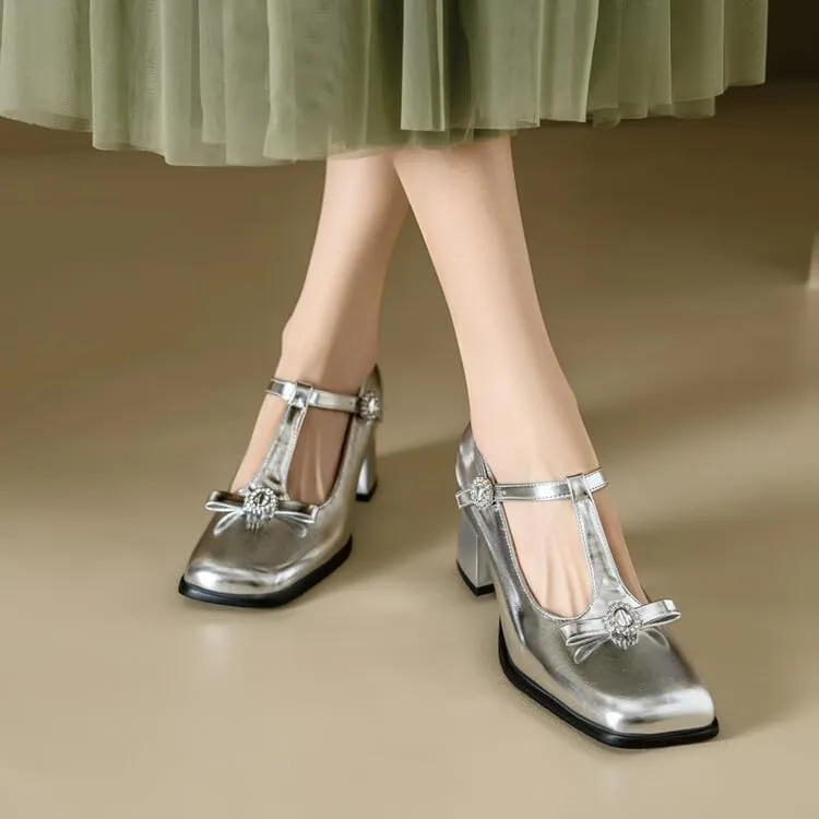 Women's Patent Leather Square Toe Chunky Heel T Strap Mary Jane Pumps