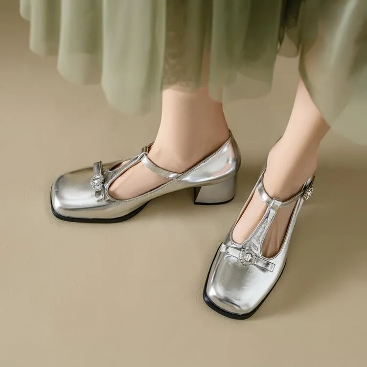 Women's Patent Leather Square Toe Chunky Heel T Strap Mary Jane Pumps