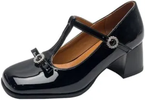 Women's Patent Leather Square Toe Chunky Heel T Strap Mary Jane Pumps