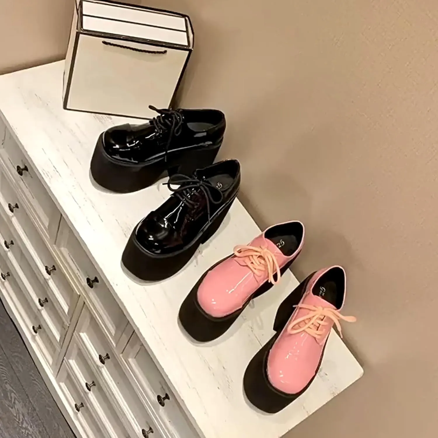 Women's Patent Leather Thick High Heel Gothic Oxford Shoes Sexy Round Toe Chunky Platform Heightened Non-Slip Lace-Up Evening Party Wedding Formal Shoes