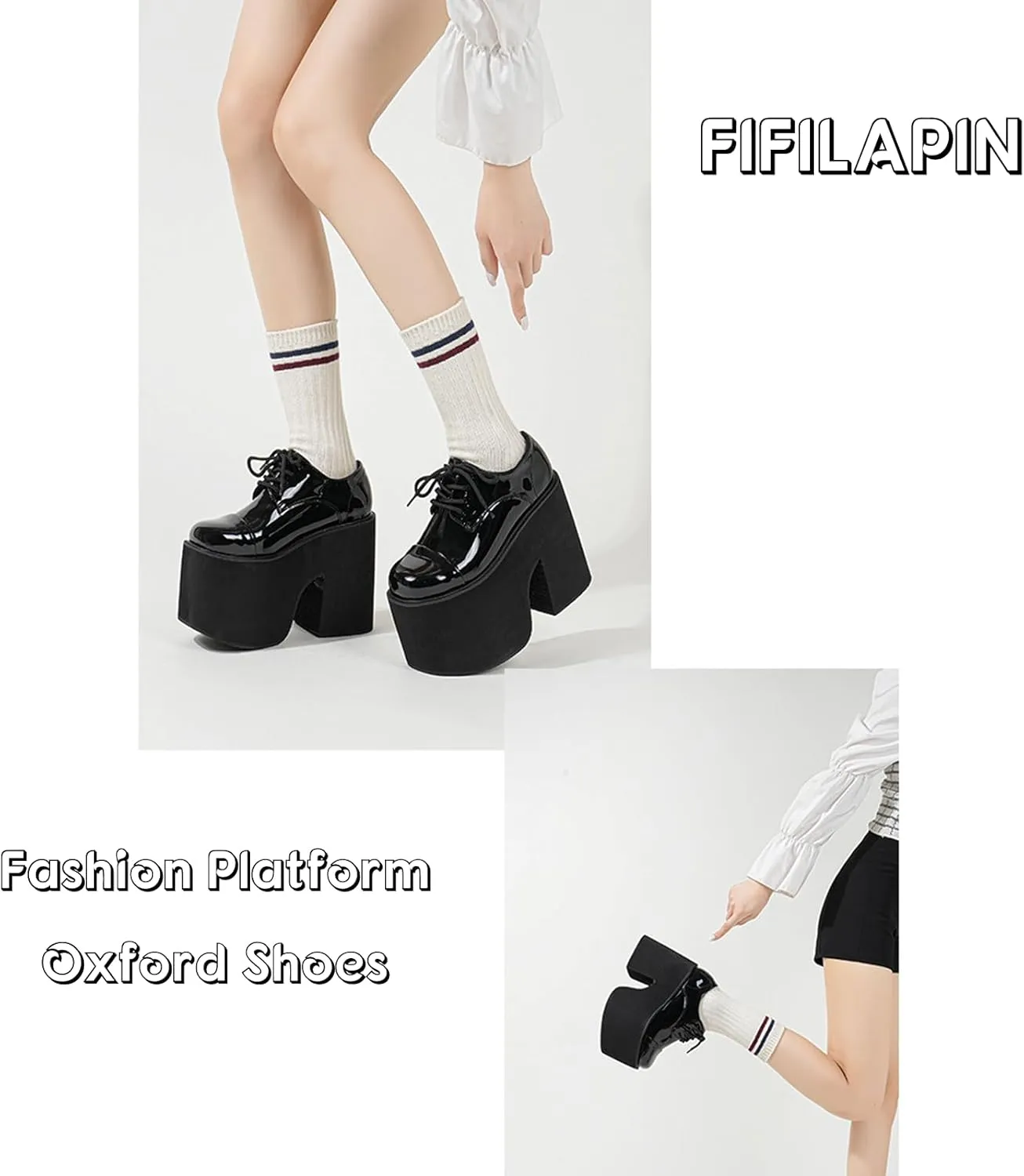 Women's Patent Leather Thick High Heel Gothic Oxford Shoes Sexy Round Toe Chunky Platform Heightened Non-Slip Lace-Up Evening Party Wedding Formal Shoes
