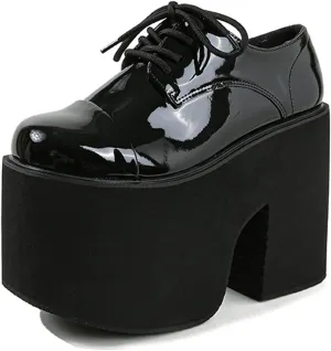 Women's Patent Leather Thick High Heel Gothic Oxford Shoes Sexy Round Toe Chunky Platform Heightened Non-Slip Lace-Up Evening Party Wedding Formal Shoes