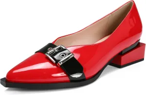 Women's Pump Shoes Overlapping Squared Chunky Red Heel Pointed Toe Pull On Patent PU Leather Daily Comfortable Women Dress Shoes