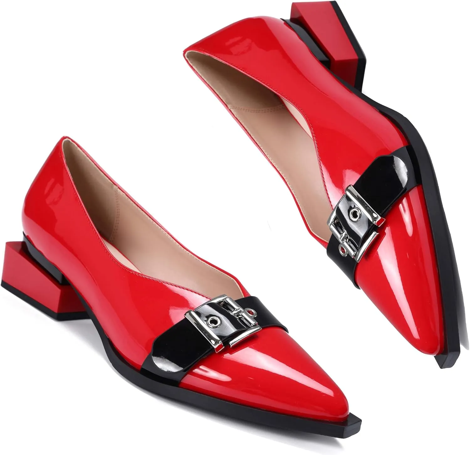 Women's Pump Shoes Overlapping Squared Chunky Red Heel Pointed Toe Pull On Patent PU Leather Daily Comfortable Women Dress Shoes
