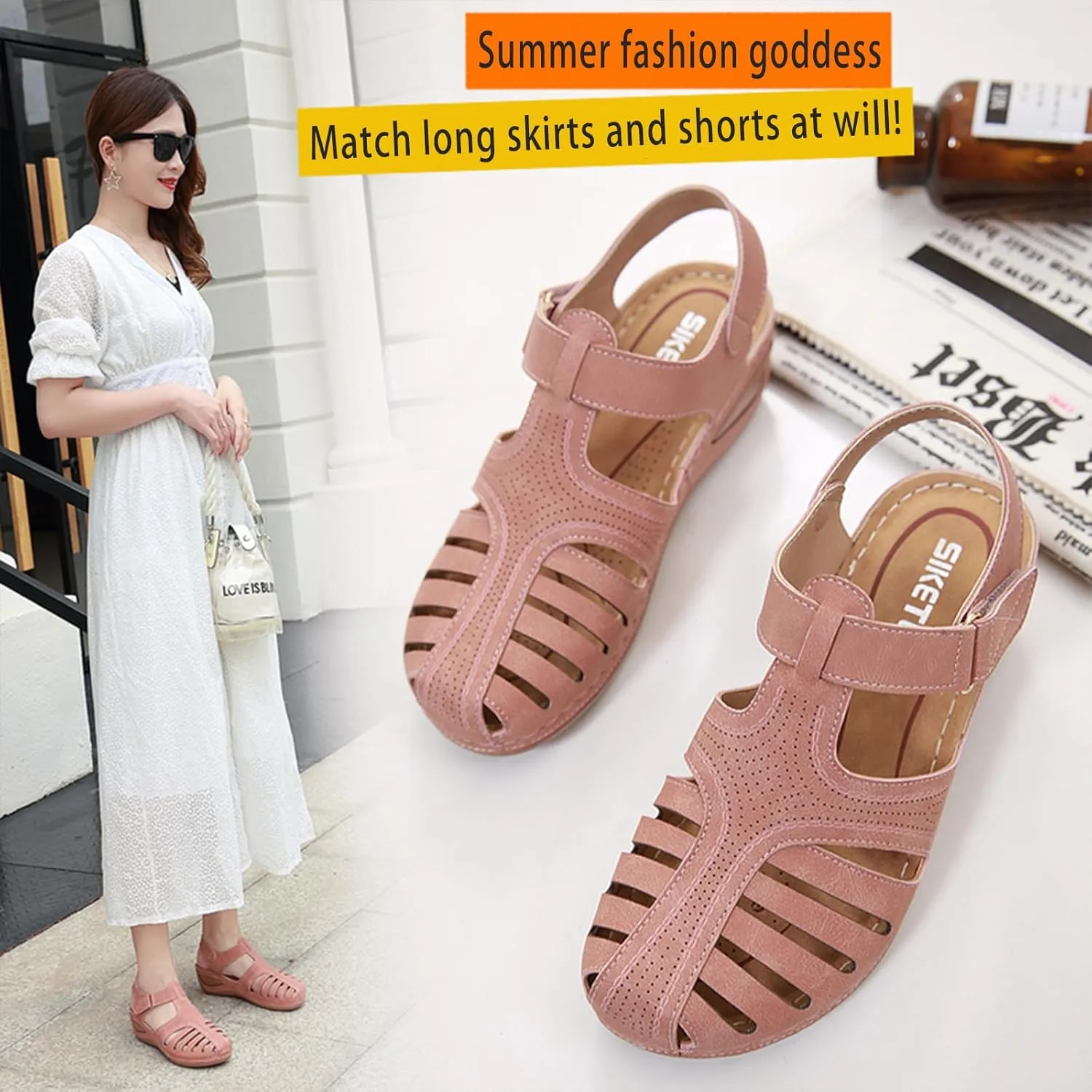 Women's Retro Gladiator Wedge Sandals - Closed Round Toe Hollow Platform Sandals with Ankle Strap Anti-Slip Sole | Comfortable Bohemian Style for Casual Outdoor Wear