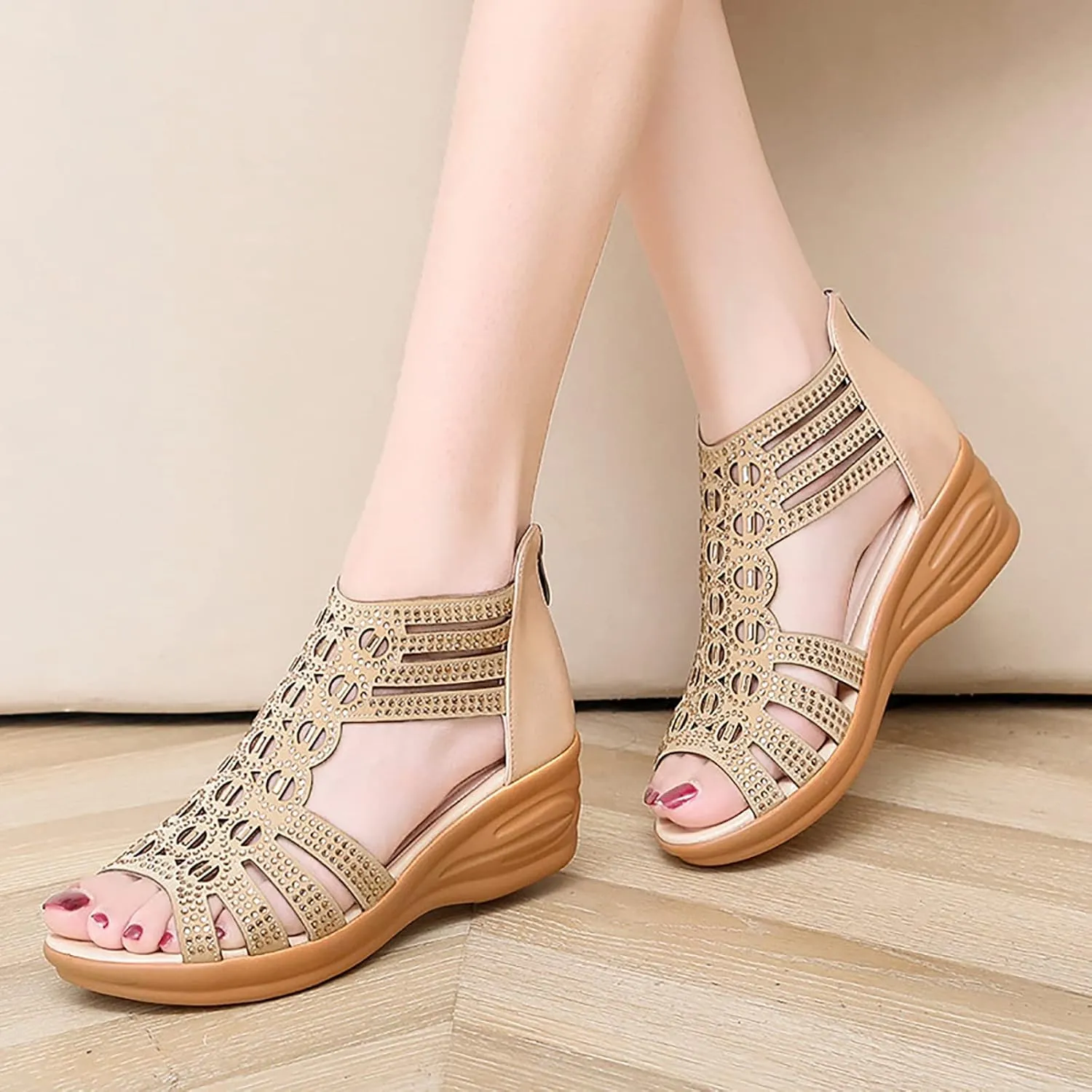 Women's Roman Wedge Hollow Sandals with Zipper Back,Rhinestone Gladiator Open Toe High Heel Dress Sandals Bootie