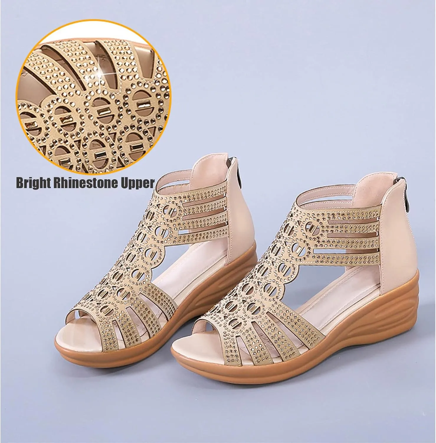 Women's Roman Wedge Hollow Sandals with Zipper Back,Rhinestone Gladiator Open Toe High Heel Dress Sandals Bootie