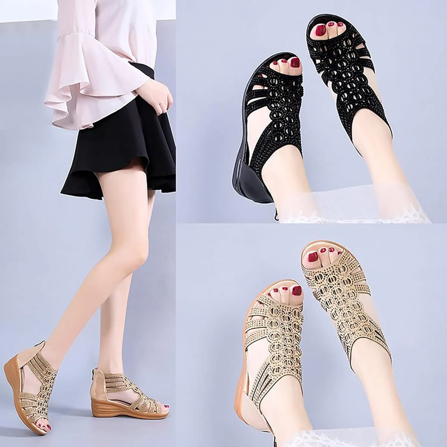 Women's Roman Wedge Hollow Sandals with Zipper Back,Rhinestone Gladiator Open Toe High Heel Dress Sandals Bootie