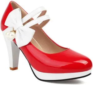 Women's Round Toe Mary Jane Bows Platform High Heel Pumps