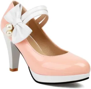 Women's Round Toe Mary Jane Bows Platform High Heel Pumps