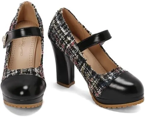 Women's Round Toe Mary Jane Platform Square High Heel Pumps