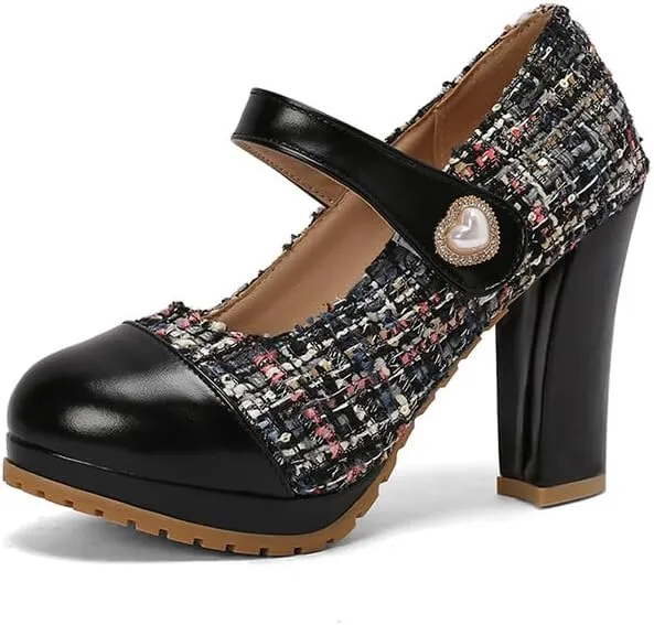 Women's Round Toe Mary Jane Platform Square High Heel Pumps