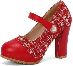 Women's Round Toe Mary Jane Platform Square High Heel Pumps