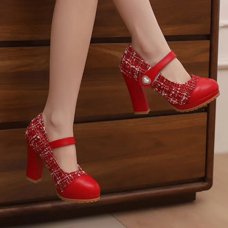 Women's Round Toe Mary Jane Platform Square High Heel Pumps