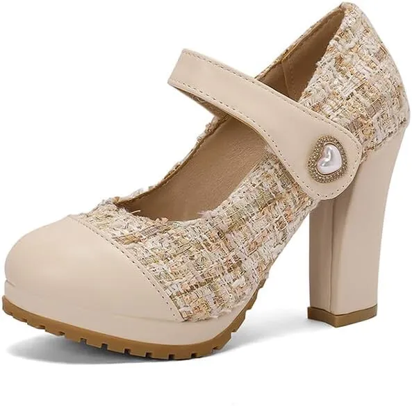 Women's Round Toe Mary Jane Platform Square High Heel Pumps
