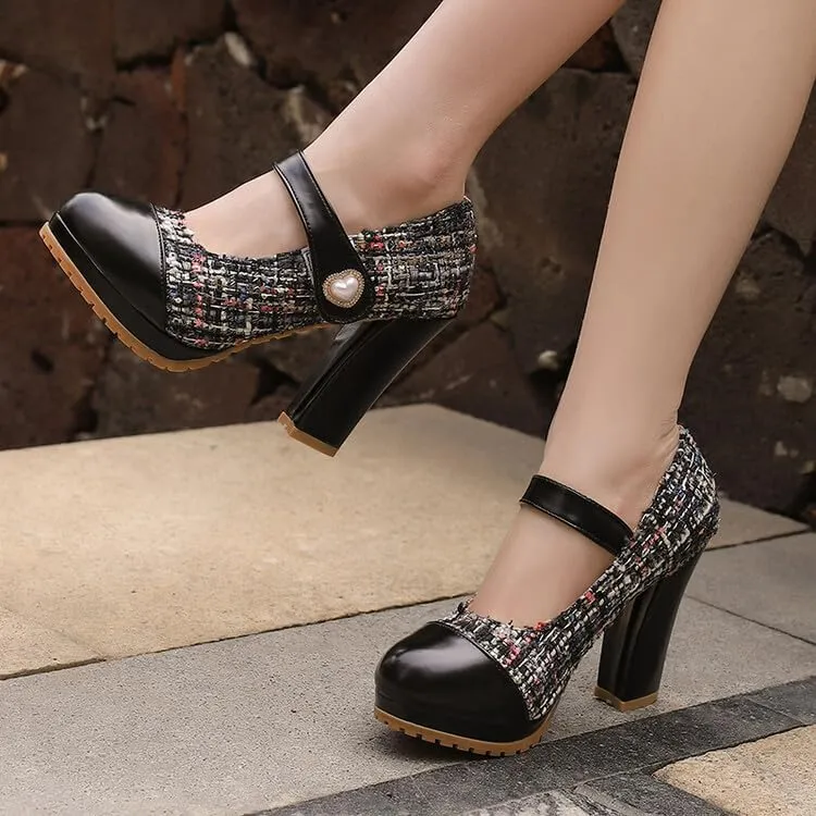 Women's Round Toe Mary Jane Platform Square High Heel Pumps