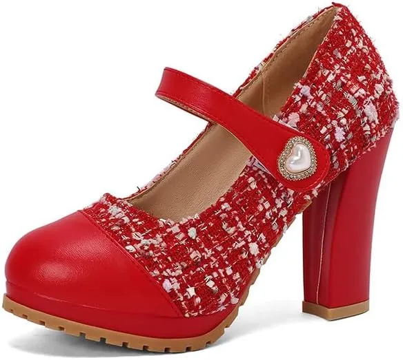 Women's Round Toe Mary Jane Platform Square High Heel Pumps