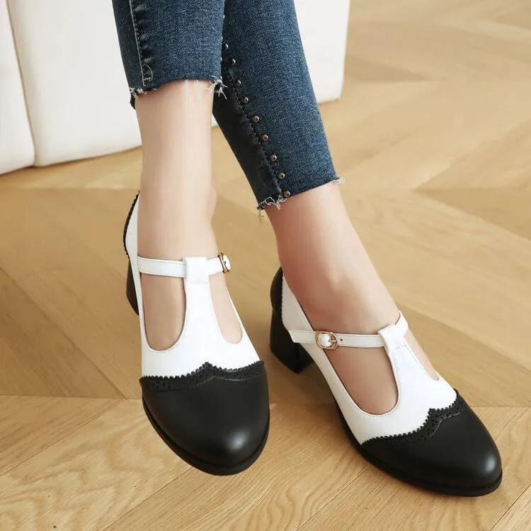 Women's Round Toe T Strap Mary Janes Square Heel Pumps